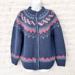 Vintage Dobrila Hand Knit 100% Wool Blue and Pink Fair Isle Cardigan, Size S